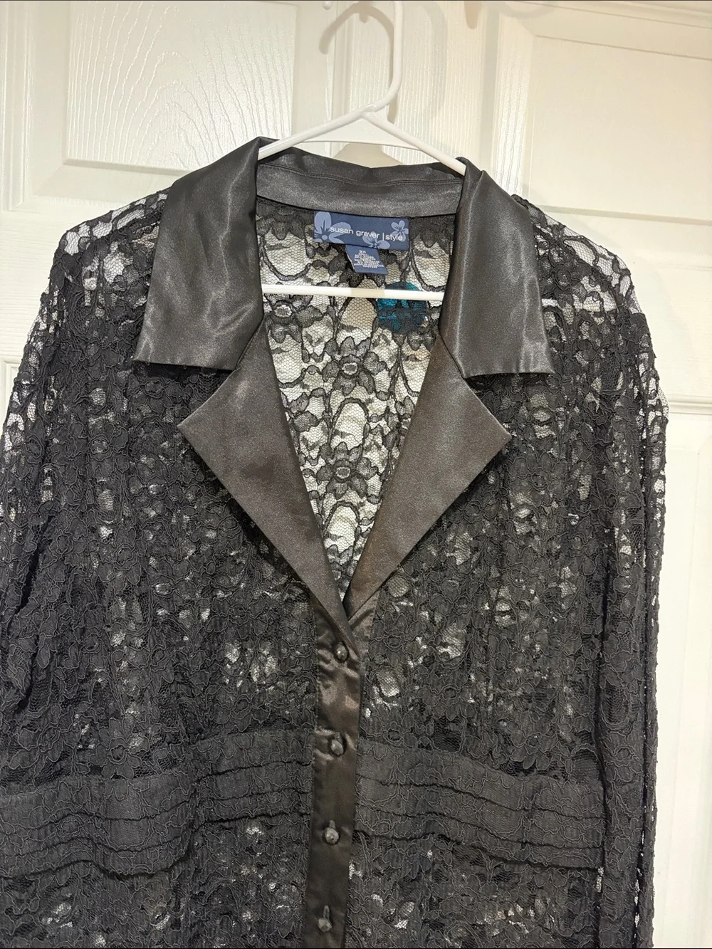 SUSAN GRAVER Style Women’s Black Lace Sheer Satin Trim Duster Jacket 2XL